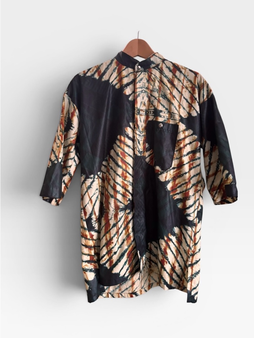 Men’s Large Tie Dye Western Snap Shirt Mandarin Collar Festival Boho Poly Blend